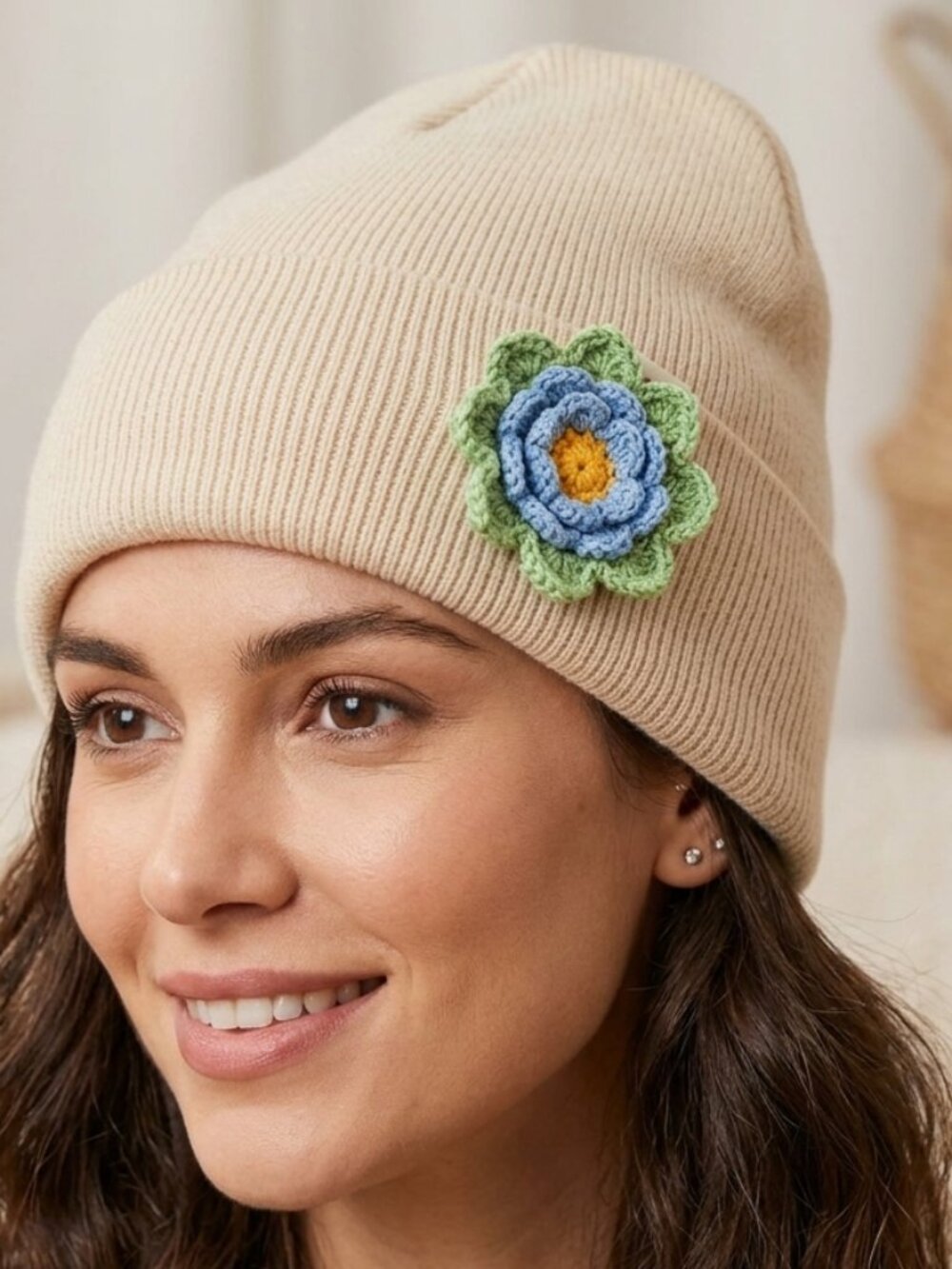Yaribest Winter White Satin Lined Beanie Hat Blue Green Crochet Flower Accent